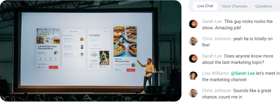 An exemplary image of a presenter speaking on a stage at a conference