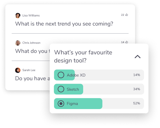 Two overlapping UI snippets showing the design for questions and polls